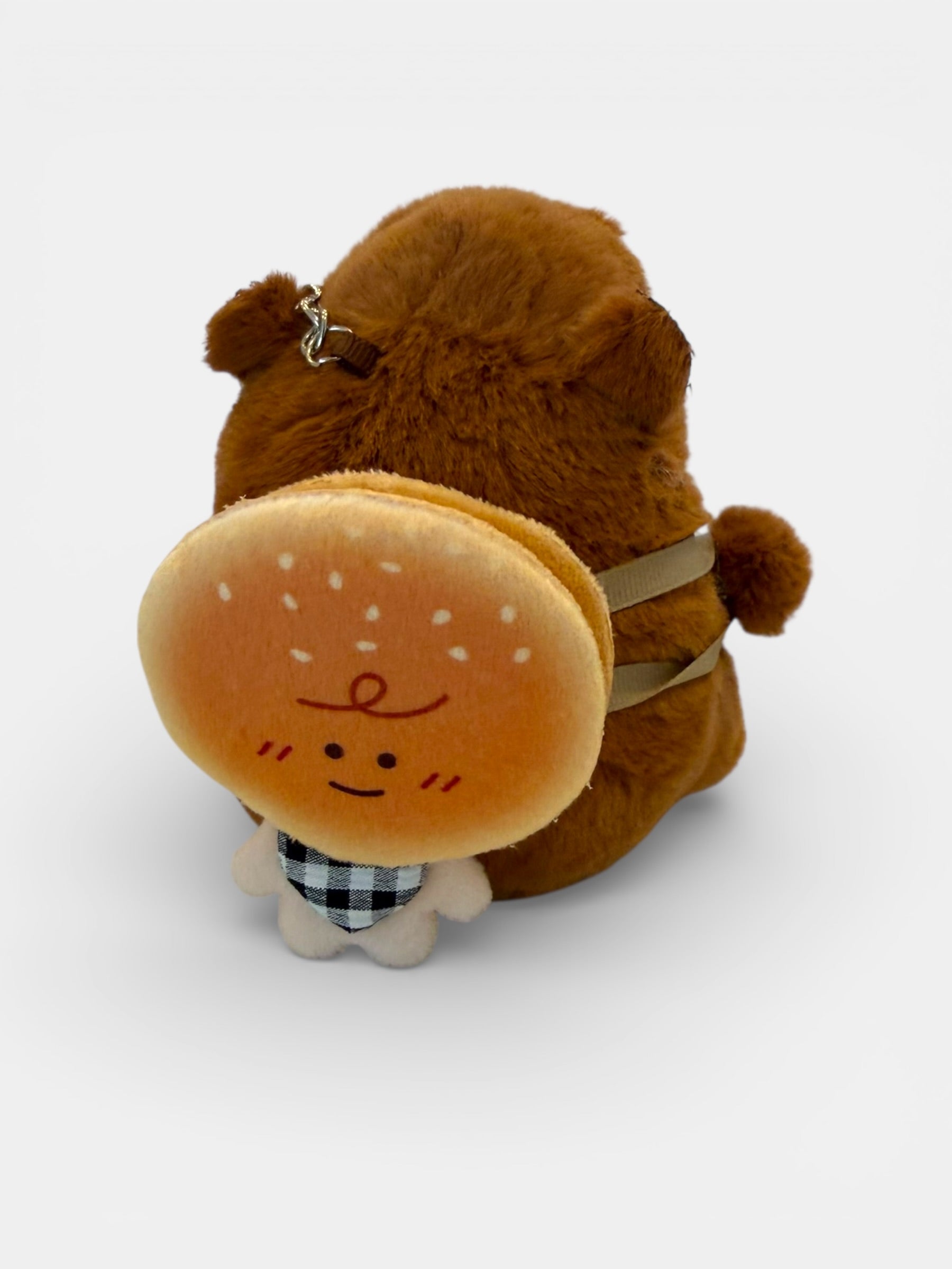 Plush keychain Capybara with a hamburger body on a white background