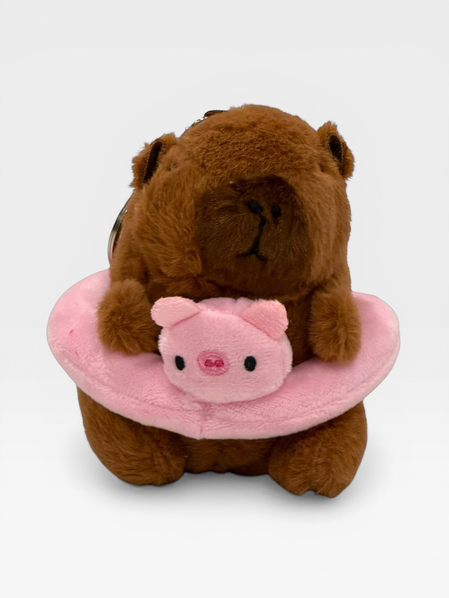 Plush toy Capybara with a pink plush piggy bank on a white background