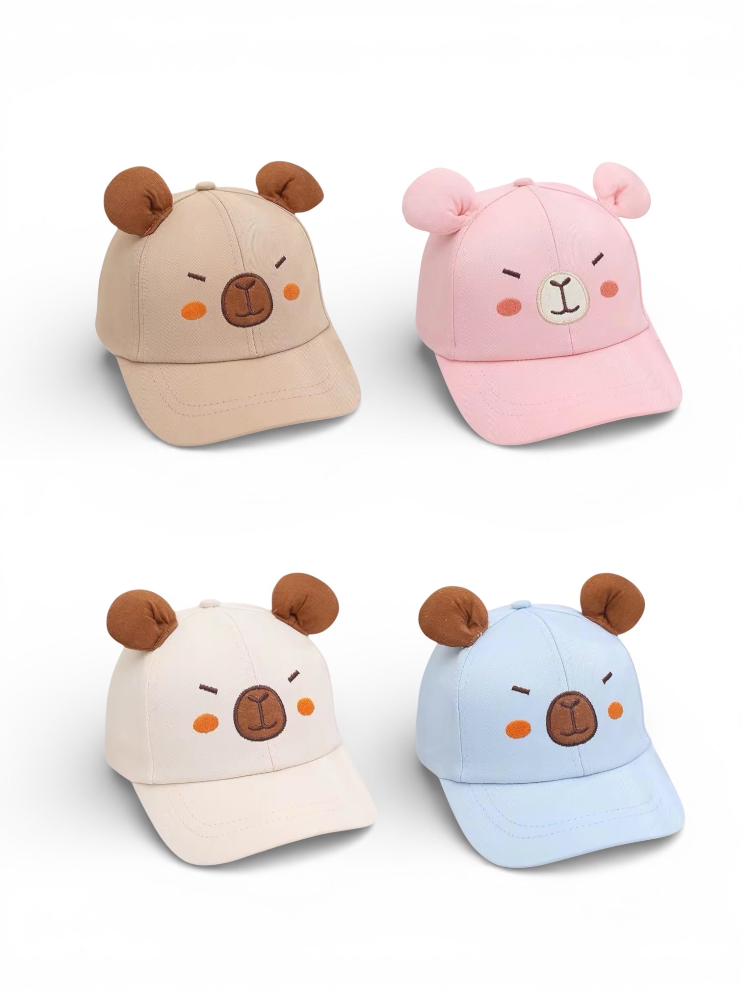 Four Capybara-themed baseball caps in different colors on a white background