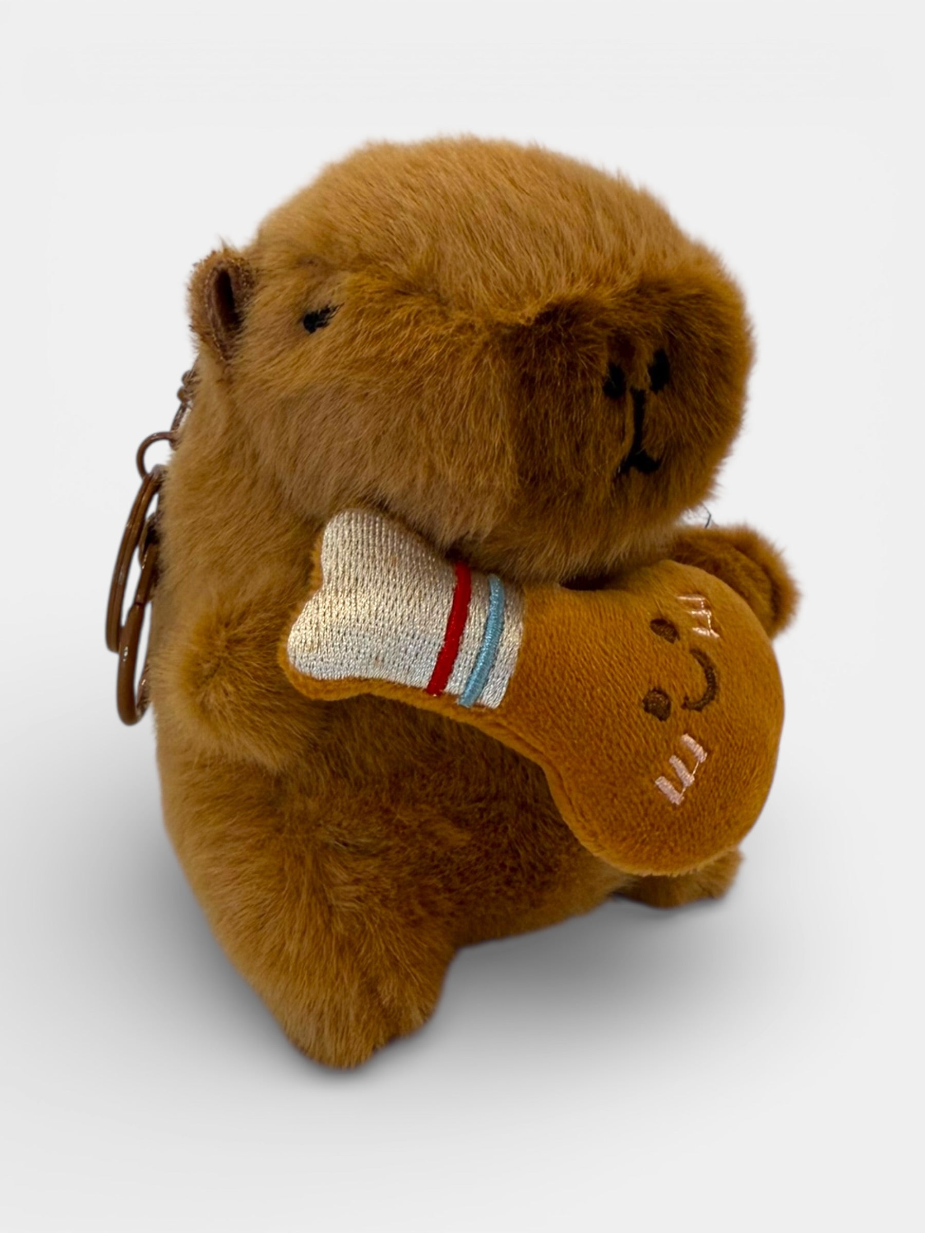 Plush toy Capybara holding a chicken stick  with a smiley face on a white background