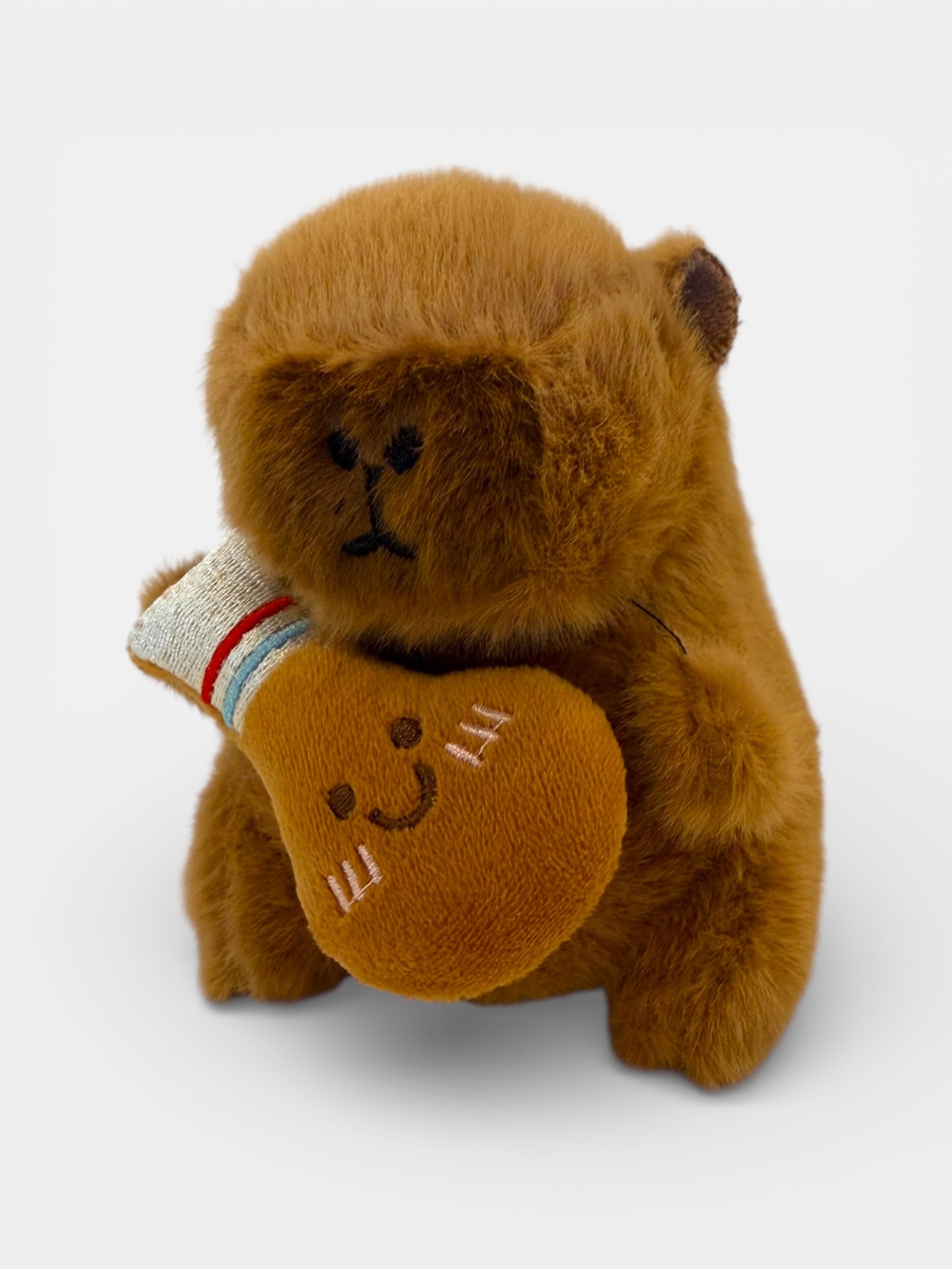Brown plush bear holding a heart with a smiley face on a white background