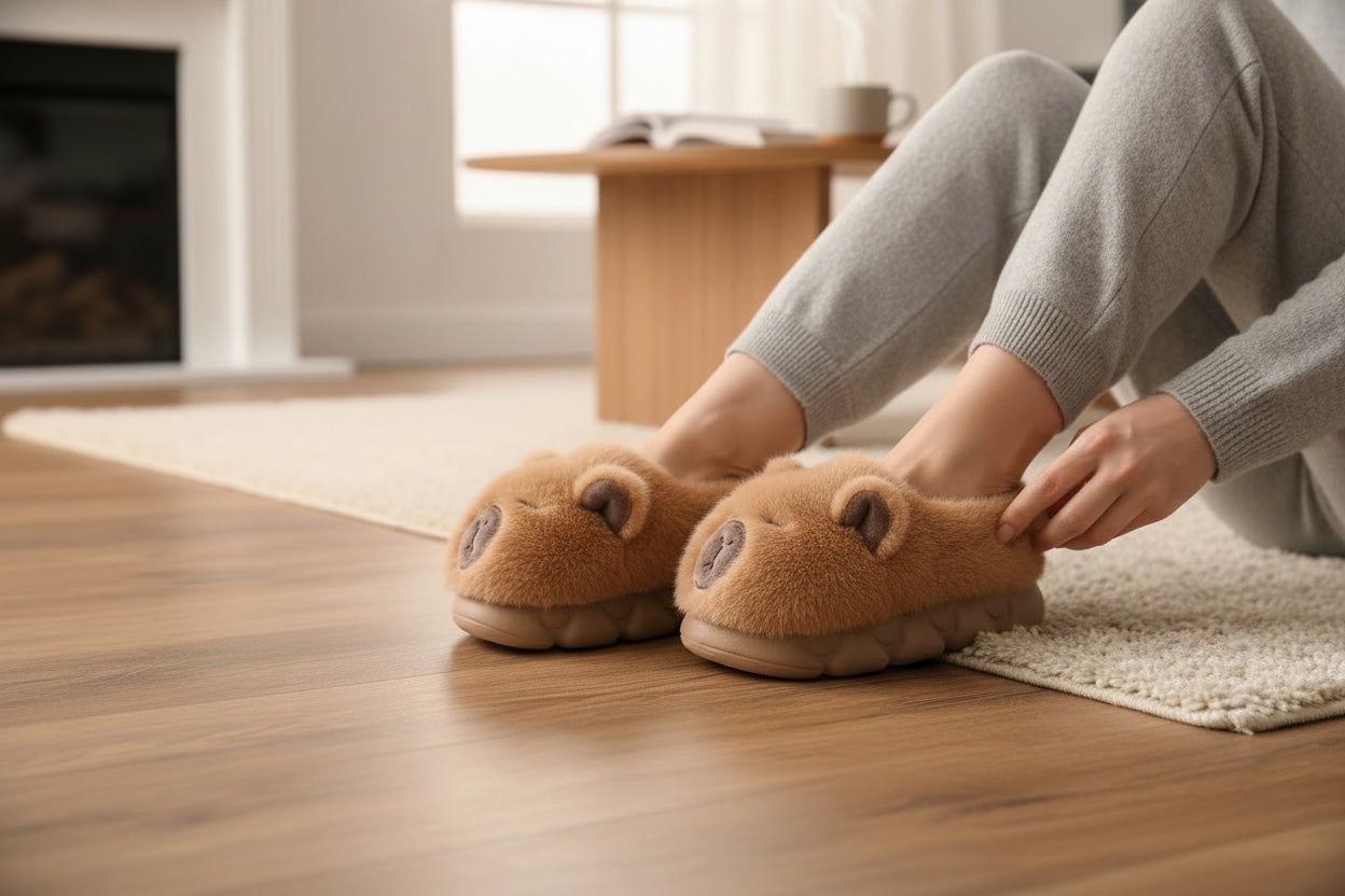 Person wearing brown fuzzy slippers Capybara