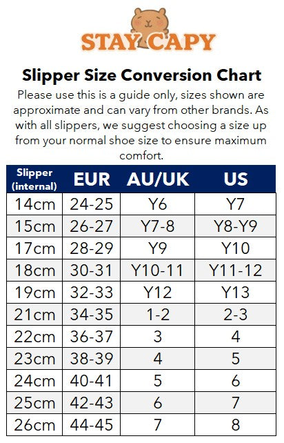 Staycapy slipper size conversion chart with measurements in EU, AU/UK, and US.