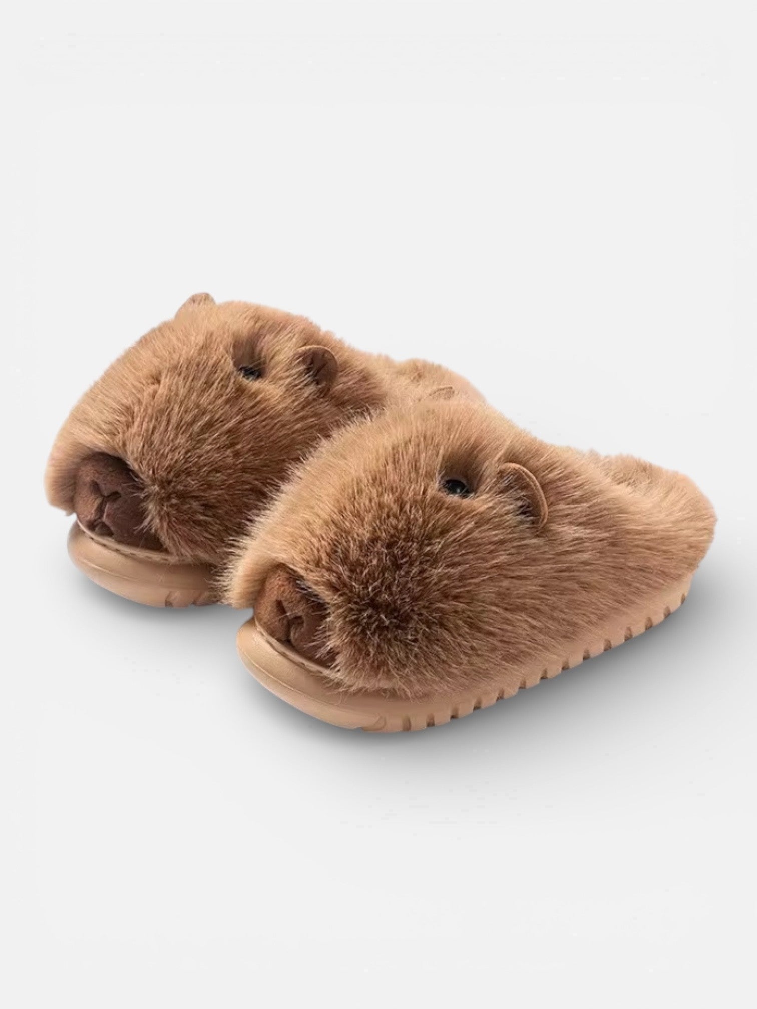 Pair of brown fuzzy Capybara animal slippers 